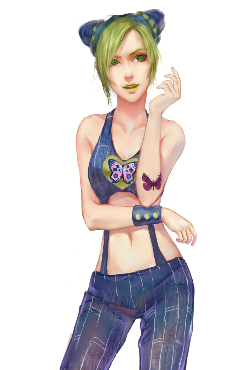 1girl, arm_tattoo, bad_id, bad_pixiv_id, blue_hair, butterfly_tattoo, daoxuan, double_bun, female_focus, green_eyes, green_hair, hair_bun, highres, jojo_no_kimyou_na_bouken, kuujou_jolyne, matching_hair/eyes, midriff, multicolored_hair, solo, tattoo, two-tone_hair