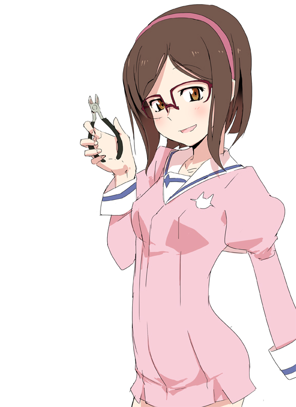 10s, 1girl, blush, brown_eyes, brown_hair, female_focus, glasses, gundam
