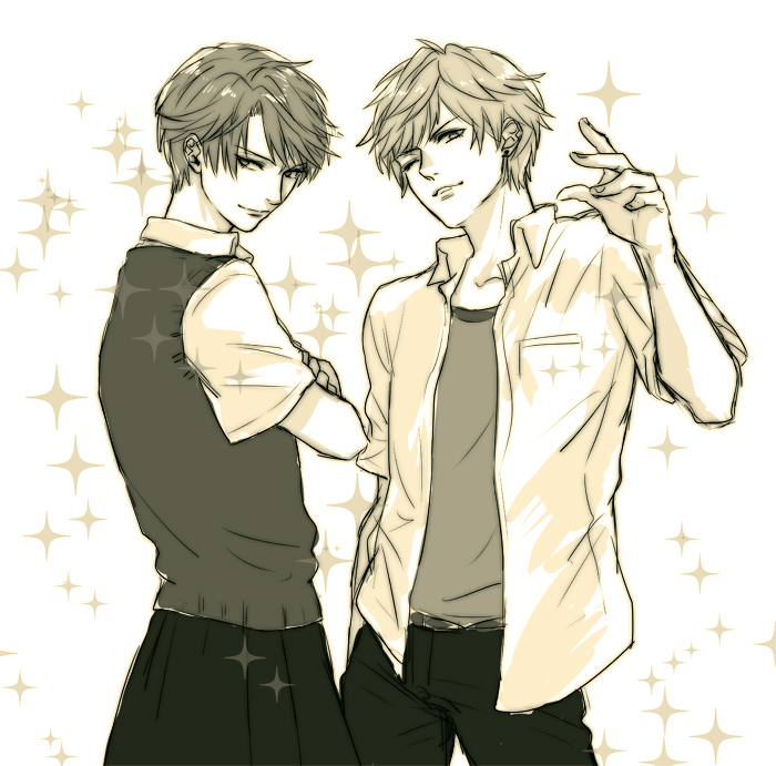 10s, 1boy, 1girl, crossed_arms, gekkan_shoujo_nozaki-kun, hand_in_pocket, kashima_yuu, looking_back