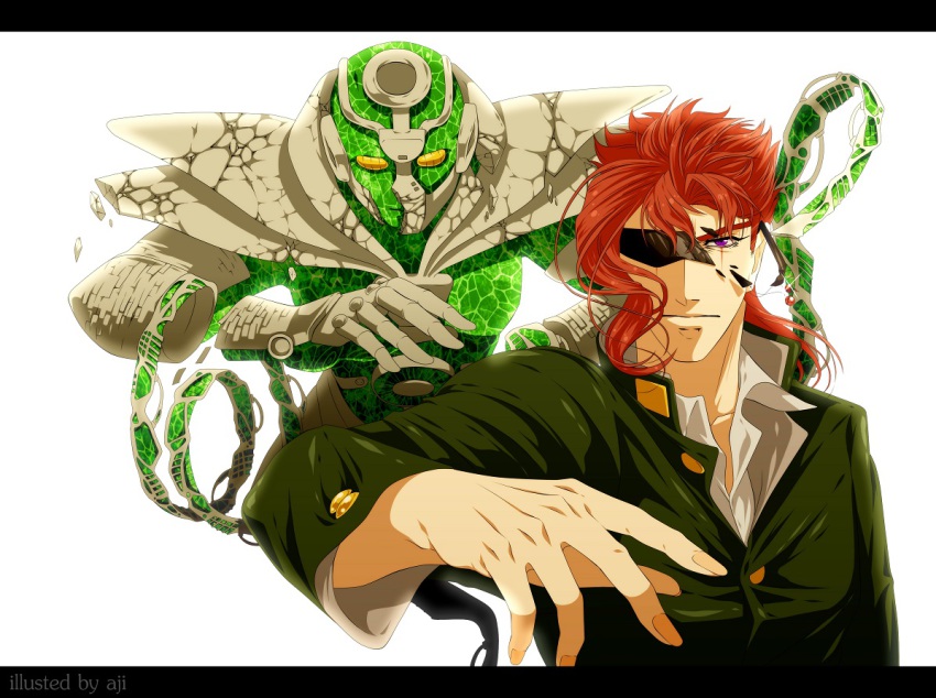 1boy, aji_(after_satellites), aji_(coastal_area), broken_eyewear, earrings, gakuran, hierophant_green, jewelry