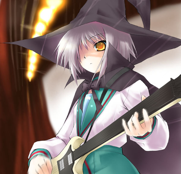 00s, cape, dousaki_shin'ya, guitar, hat, instrument, nagato_yuki, school_uniform