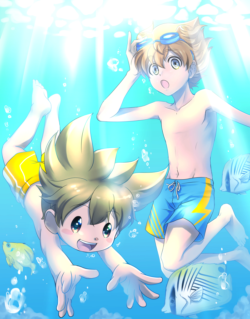 2boys, :d, :o, absurdres, adjusting_goggles, bad_id, bad_pixiv_id, blue_male_swimwear, blue_swim_trunks, blush_stickers, brown_hair, bubble, child, drawstring, fish, full_body, goggles, goggles_on_head, highres, inazuma_eleven_(series), inazuma_eleven_go, lightning_bolt_print, male_focus, male_swimwear, matsukaze_tenma, matsumoto_achi, multiple_boys, navel, nishizono_shinsuke, no_nipples, open_mouth, print_male_swimwear, print_swim_trunks, print_swimsuit, short_hair, smile, swim_trunks, swimming, swimsuit, teeth, topless_male, underwater, upper_teeth_only, yellow_male_swimwear, yellow_swim_trunks