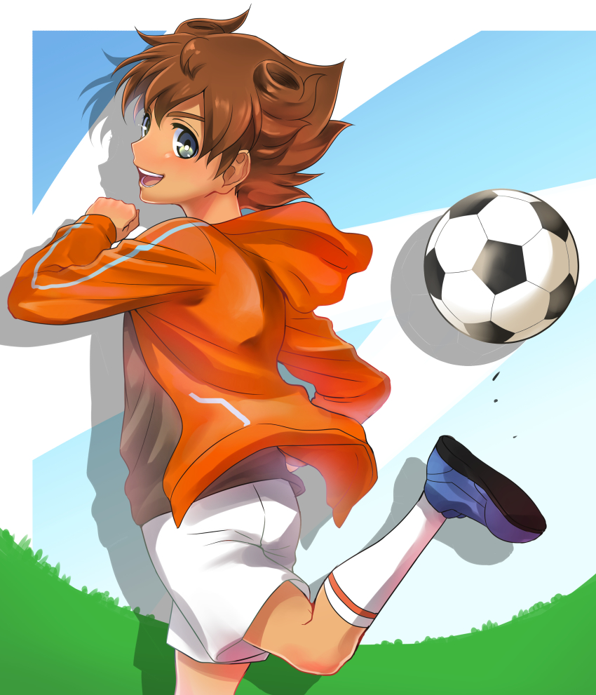 1boy, absurdres, bad_id, bad_pixiv_id, ball, blue_eyes, brown_hair, from_behind
