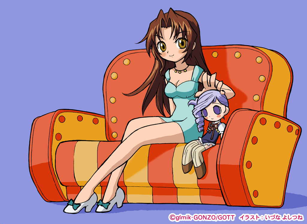 00s, 1girl, character_doll, chibi, couch, doll, eclair_(kiddy_grade), eyecatch, female_focus, izuna_yoshitsune, kiddy_grade, lumiere_(kiddy_grade), neffy, non-web_source, solo