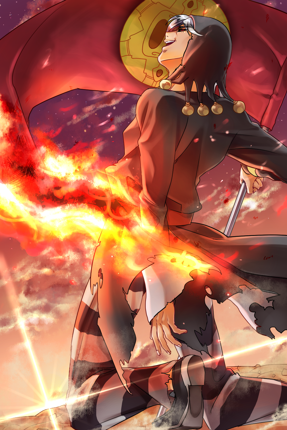 black_sclera, burning, colored_sclera, fire, flag, hat, highres, jojo_no_kimyou_na_bouken