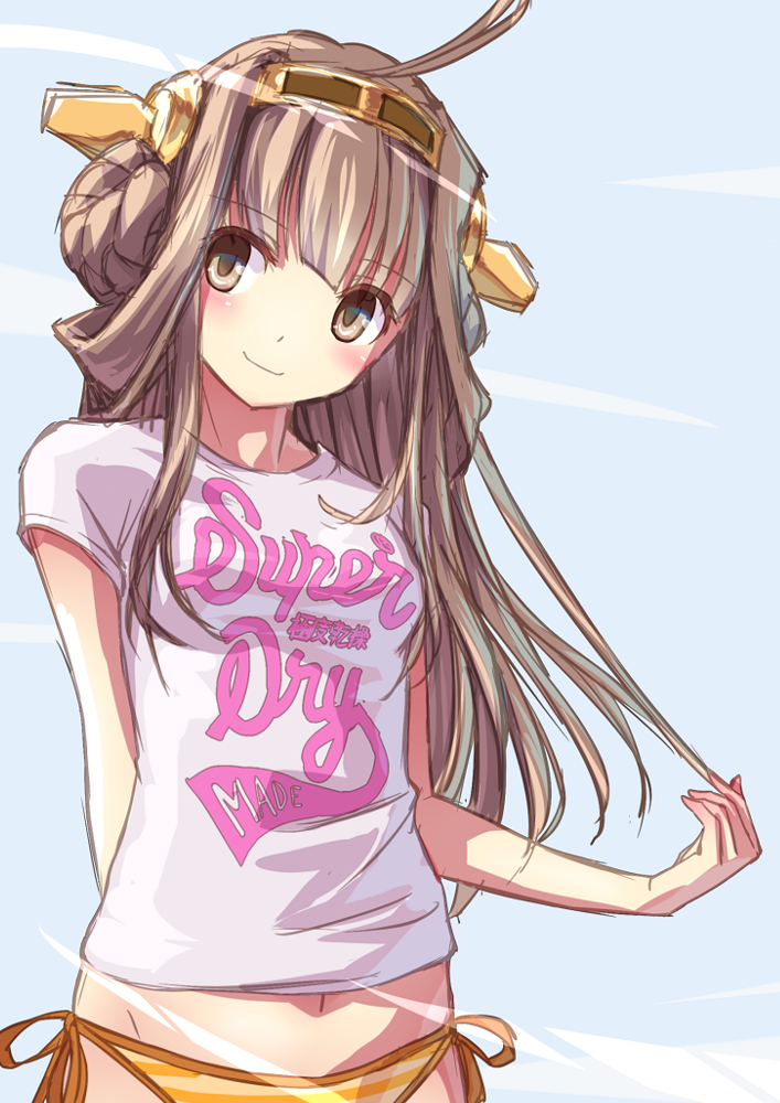 10s, 1girl, ahoge, bad_id, bad_nicoseiga_id, bikini, bikini_bottom_only, bikini_under_clothes, brown_eyes, brown_hair, colored_eyelashes, double_bun, female_focus, haiiro_(hi_ghi_ro), hair_bun, hairband, headgear, kantai_collection, kongou_(kancolle), long_hair, no_pants, shirt, side-tie_bikini_bottom, smile, solo, swimsuit, swimsuit_under_clothes, t-shirt, upper_body, yellow_bikini