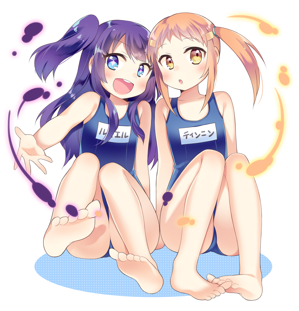 +_+, 1girl, 2girls, :d, :o, barefoot, blue_eyes, blush, feet, kaki_s, long_hair, lumiel_(p&amp;d), matching_hair/eyes, multiple_girls, name_tag, one-piece_swimsuit, open_mouth, orange_eyes, orange_hair, purple_hair, puzzle_&amp;_dragons, school_swimsuit, short_hair, sitting, smile, swimsuit, tinnin, toes, twintails, two_side_up