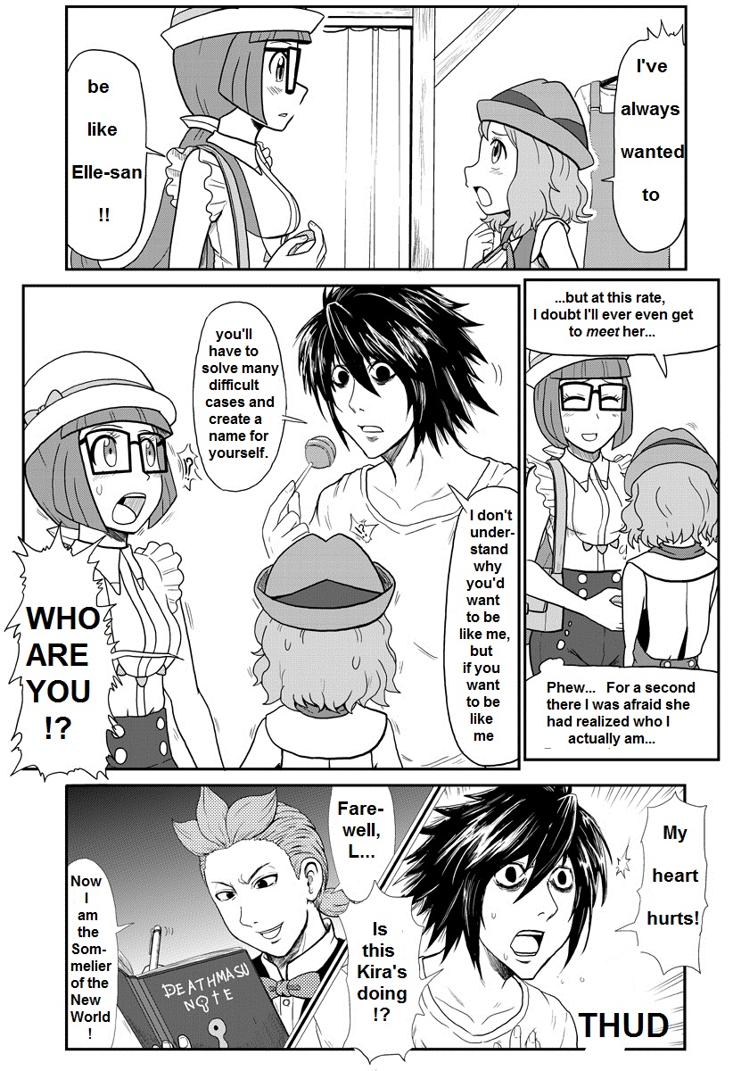 aria_(pokemon_anime), ariana_(pokemon_anime), bags_under_eyes, candy, cilan_(pokemon), comic, crossover, death_note, death_note_(object), food, gouguru, greyscale, highres, l_(death_note), lollipop, monochrome, nameplay, nintendo, pokemon, pokemon_(anime), pokemon_the_series:_black_&amp;_white, pokemon_the_series:_xy, serena_(pokemon), shueisha, translated, voice_actor_connection, writing