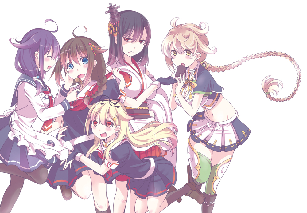 10s, 5girls, ahoge, aikawa_ruru, apron, black_gloves, black_hair, black_serafuku