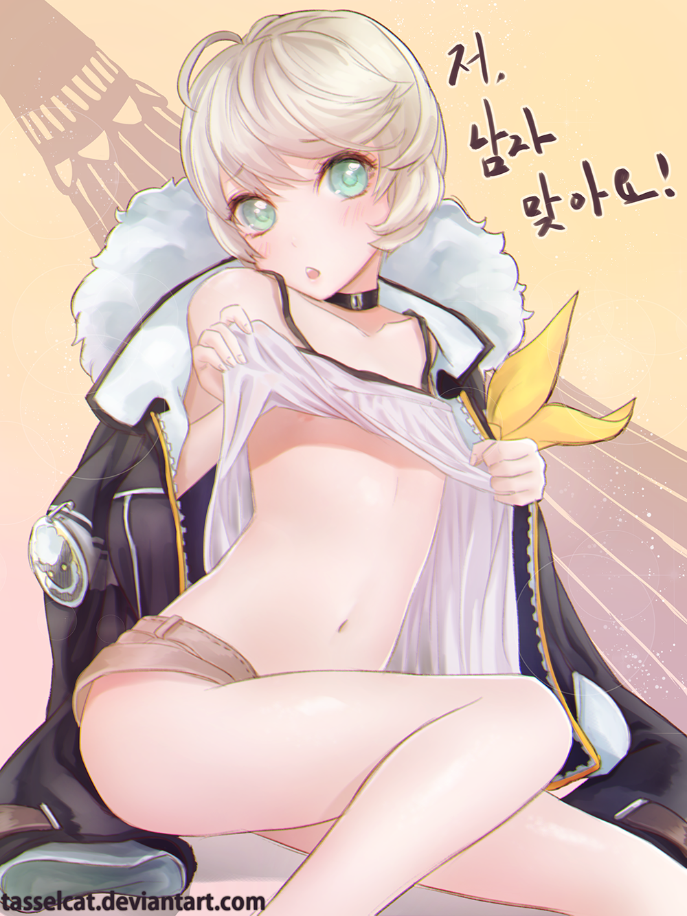 1boy, androgynous, bad_id, bad_pixiv_id, blonde_hair, blue_eyes, brown_hair, choker