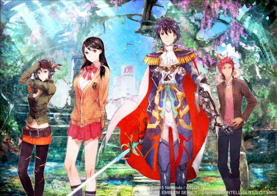 2boys, 2girls, akagi_touma, aoi_itsuki, atlus, black_hair, blue_hair, breasts