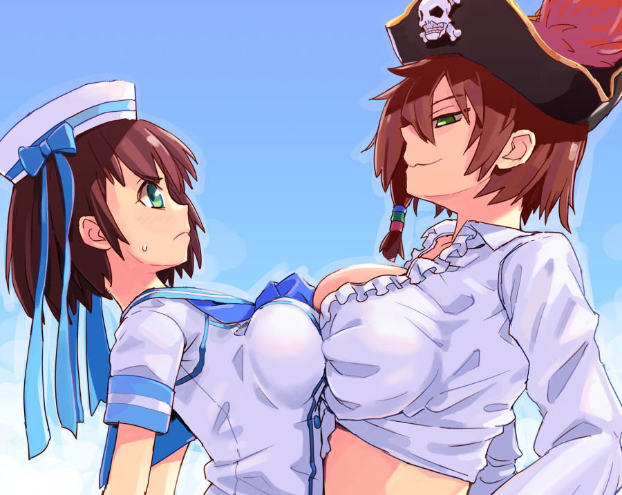 2girls, asymmetrical_docking, beatrica_(sennen_sensou_aigis), blue_background, breast_press, breasts, brown_hair, green_eyes, hat, hat_ribbon, large_breasts, marie_(sennen_sensou_aigis), multiple_girls, pirate_hat, rename6, ribbon, school_uniform, sennen_sensou_aigis, serafuku, skull_and_crossbones, sweat