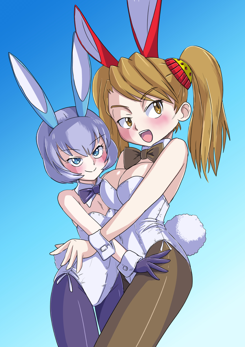 10s, 2girls, animal_ears, blue_eyes, bow, bowtie, breast_envy, brown_eyes