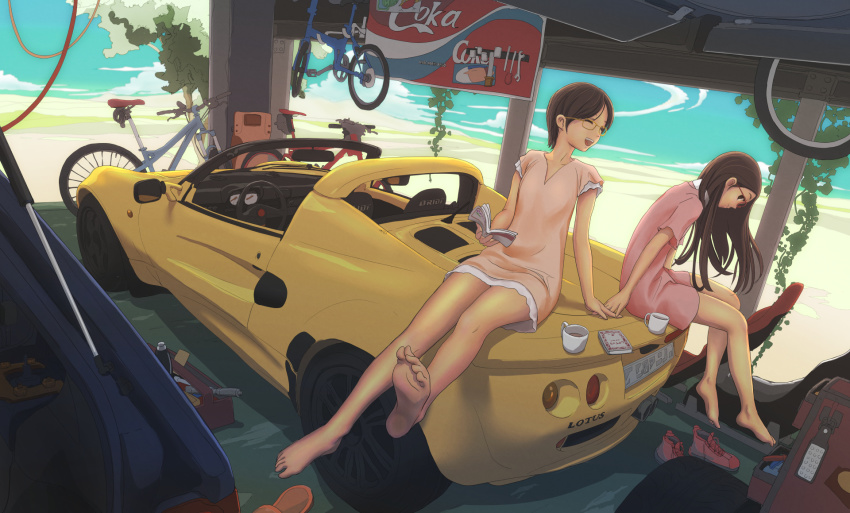 2girls, barefoot, book, brand_name_imitation, brown_hair, car, closed_eyes, coca-cola, feet, flower, glasses, highres, holding_hands, interlocked_fingers, long_hair, lotus_(brand), lotus_elise, motor_vehicle, multiple_girls, on_car, original, pandarou, revision, short_hair, sitting, slice_of_life, toes, vehicle_focus