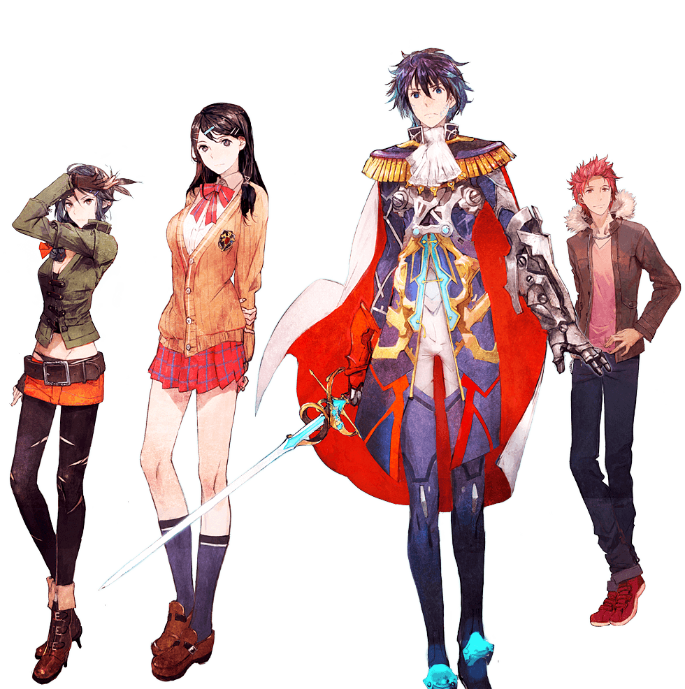 2boys, 2girls, akagi_touma, aoi_itsuki, atlus, belt, black_eyes, black_hair