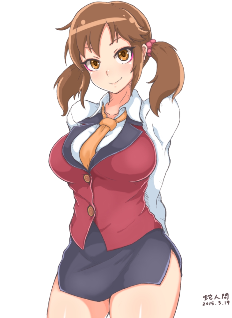 10s, 1girl, bad_id, bad_pixiv_id, blouse, breasts, brown_eyes, brown_hair