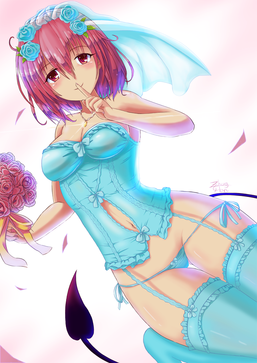1girl, bare_shoulders, blue_thighhighs, blush, bouquet, bridal_veil, bride, bustier