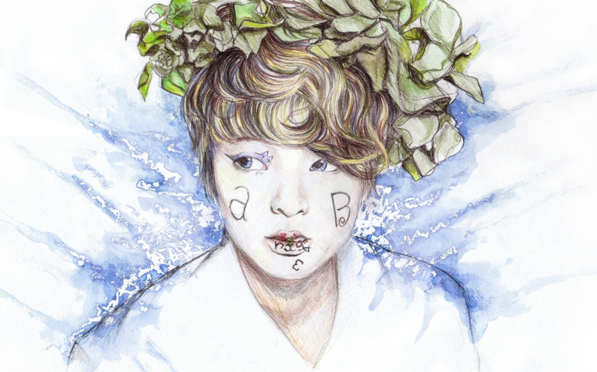 1girl, amber_liu, body_writing, f(x), female_focus, head_wreath, highres, ivy, k-pop, looking_to_the_side, makeup, musician, parted_lips, photorealistic, realistic, short_hair, solo, traditional_media