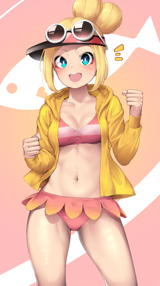 1girl, :d, ^^^, bad_id, bad_pixiv_id, bikini, bikini_skirt, bikini_under_clothes, blonde_hair, blue_eyes, blush, breasts, cleavage, clenched_hands, collarbone, copella_(surechigai_fishing), coraline_(ultimate_angler), cowboy_shot, diagonal_stripes, double_bun, eyeshadow, eyewear_on_head, female_focus, fish, gradient_background, hair_bun, happy, heart, hood, hood_down, hoodie, legs_apart, long_sleeves, looking_at_viewer, makeup, navel, open_clothes, open_hoodie, open_mouth, pink_bikini, short_hair_with_long_locks, sidelocks, smile, solo, standing, striped_bikini, striped_clothes, sunglasses, surechigai_fishing, swimsuit, ultimate_angler, visor_cap, yana_(nekoarashi)