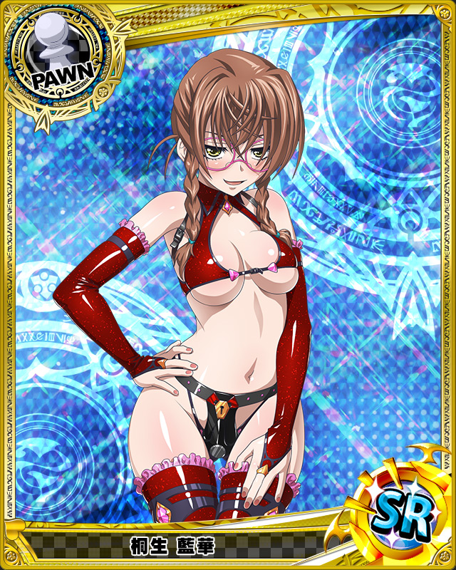 10s, 1girl, argyle_background, argyle_clothes, blue_background, braid, breasts, bridal_gauntlets, brown_hair, card_(medium), chastity_belt, demon_wings, female_focus, frilled_thighhighs, frills, glasses, gloves, halftone, halftone_background, high_school_dxd, kiryuu_aika, long_hair, magic_circle, navel, official_art, red_gloves, red_thighhighs, solo, thighhighs, trading_card, twin_braids, underboob, wings