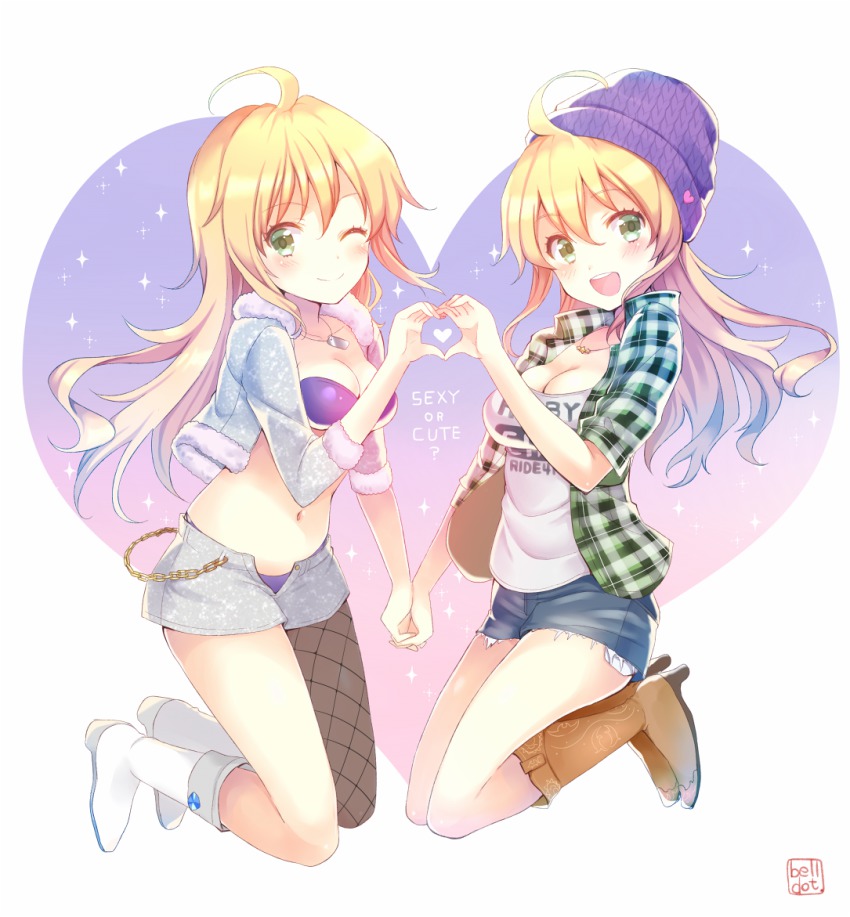 2girls, :d, ;), ahoge, artist_name, beanie, belldot, blonde_hair