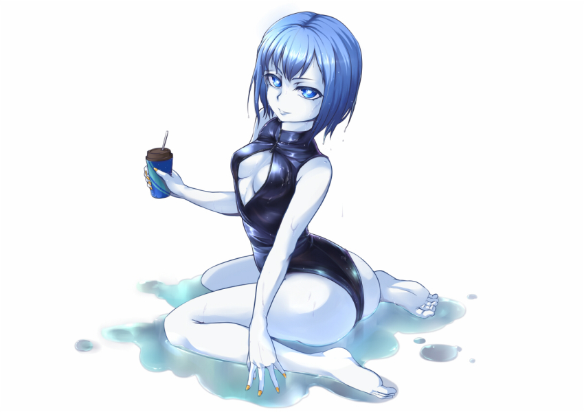1girl, blue_eyes, blue_hair, breasts, breasts_apart, cleavage, cleavage_cutout, clothing_cutout, drink, female_focus, front_zipper_swimsuit_(realise), genderswap, genderswap_(mtf), league_of_legends, nam_(valckiry), one-piece_swimsuit, short_hair, solo, swimsuit, wet, xerath, zipper