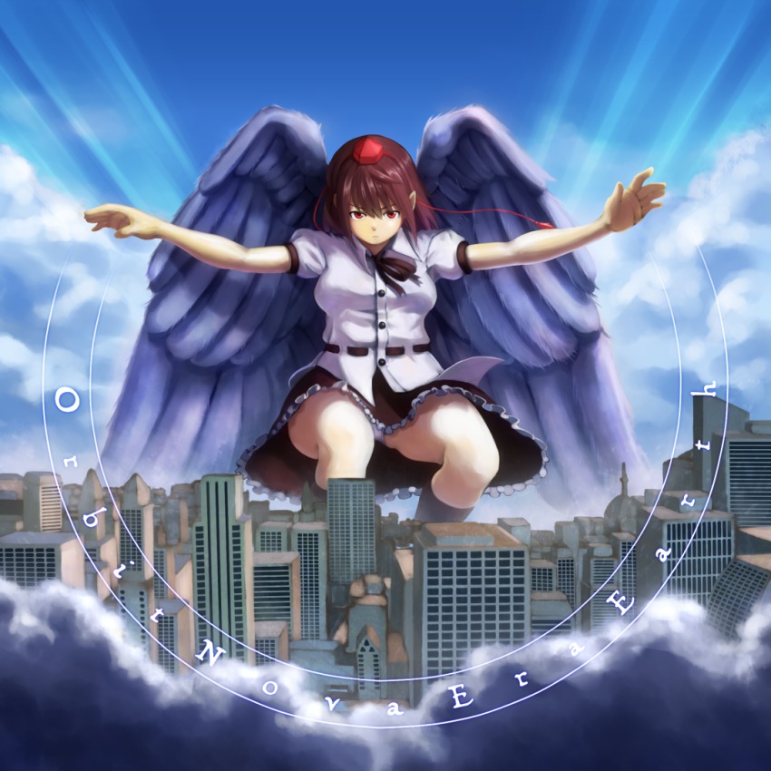 1girl, album_cover, angel, angel_wings, angra_(band), belt, black_skirt, black_socks, blue_sky, blurry, breasts, brown_hair, building, city, cityscape, cloud, collared_shirt, cover, day, depth_of_field, dominico, english_text, feathered_wings, female_focus, frilled_skirt, frills, giant, giantess, hat, kneehighs, large_breasts, light_rays, looking_at_viewer, neck_ribbon, open_hands, outstretched_arms, panties, pantyshot, parody, pointy_ears, puffy_short_sleeves, puffy_sleeves, red_eyes, ribbon, serious, shameimaru_aya, shirt, short_hair, short_sleeves, skirt, sky, skyscraper, socks, solo, spread_arms, squatting, thighs, title, tokin_hat, touhou, underwear, white_panties, wings