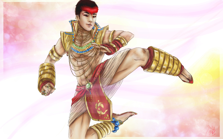 1boy, abs, ancient_egyptian_clothes, anklet, armband, bigbang, highres, jewelry