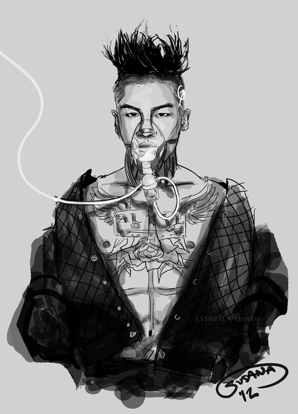 1boy, abs, bigbang, body_writing, k-pop, male_focus, mohawk, monochrome