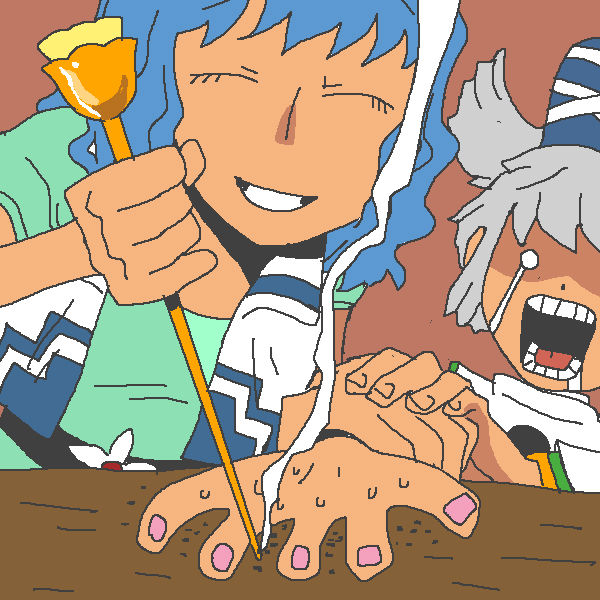 2girls, ^_^, blue_hair, closed_eyes, grey_hair, hair_ornament, hair_stick, hat, kaku_seiga, knife_game, long_hair, mononobe_no_futo, multiple_girls, onikobe_rin, open_mouth, ponytail, shawl, short_hair, smile, smoke, tate_eboshi, tears, touhou