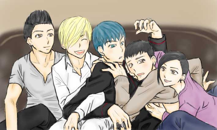 5boys, asymmetrical_hair, bigbang, black_hair, blonde_hair, blue_hair, brown_hair, couch