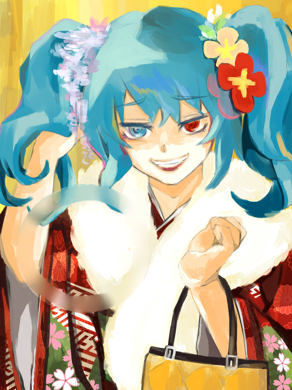 10s, 1girl, bag, blue_eyes, blue_hair, female_focus, floral_print, flower