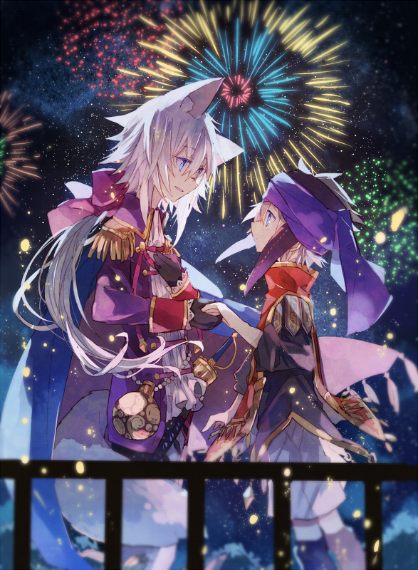10s, 1boy, 1girl, aerial_fireworks, androgynous, animal_ears, blue_eyes, eye_contact, fireworks, holding_hands, harushuto, height_difference, hero_(merc_storia), hetero, long_hair, looking_at_another, merc_storia, phoenix0, reverse_trap, short_hair, white_hair