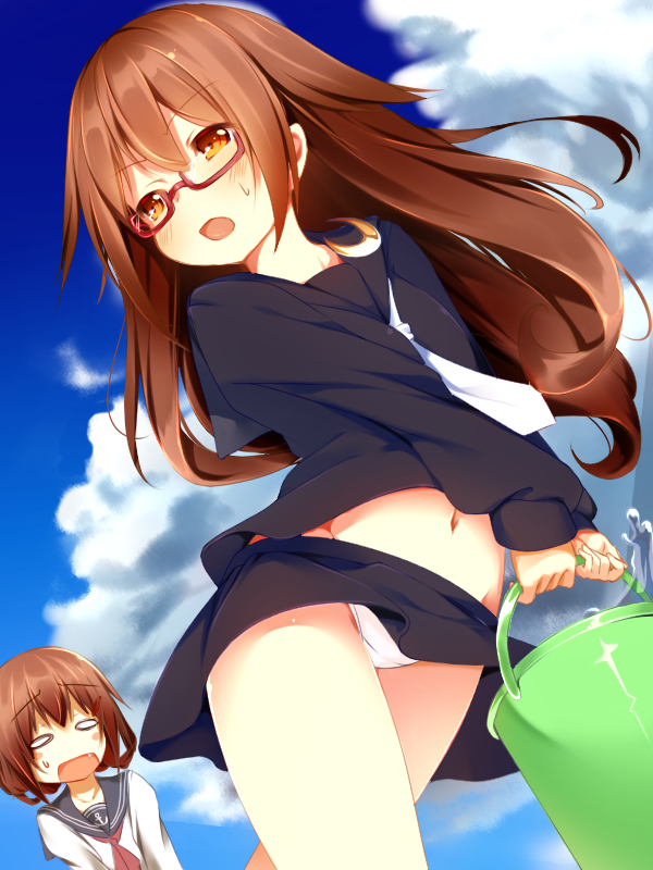 10s, 2girls, brown_eyes, brown_hair, bucket, fang, glasses, ikazuchi_(kancolle)