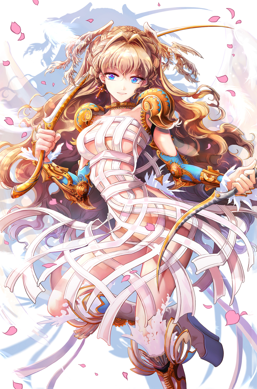 1girl, angel, angel_wings, armor, blue_eyes, braid, brown_hair, convenient_censoring, cross, dagger, dual_wielding, earrings, feathers, female_focus, hair_intakes, highres, holding, jewelry, knife, long_hair, mj_(cuzbien), original, petals, revealing_clothes, solo, sword, very_long_hair, weapon, wings