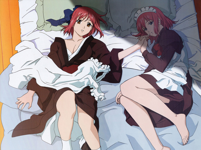 00s, 2girls, apron, barefoot, bed, blue_eyes, bow, breasts, cleavage, dress, feet, from_above, hair_bow, hisui_(tsukihime), holding_hands, interlocked_fingers, japanese_clothes, kimono, kohaku_(tsukihime), legs, lying, maid, maid_apron, maid_headdress, matsumoto_fumio, megami_magazine, multiple_girls, no_bra, official_art, on_back, on_side, open_clothes, open_shirt, orange_eyes, pillow, pink_hair, shirt, short_hair, siblings, sisters, tsukihime, twins, unworn_apron