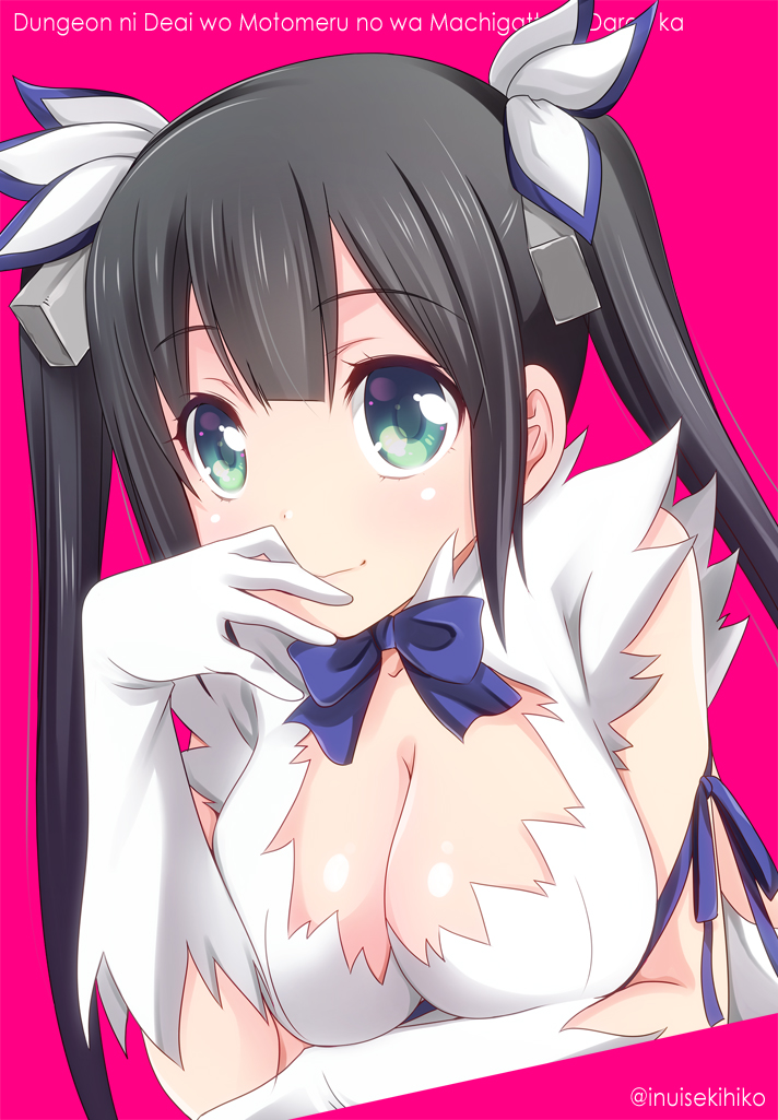 10s, 1girl, black_hair, blush, bow, breasts, cleavage, cleavage_cutout