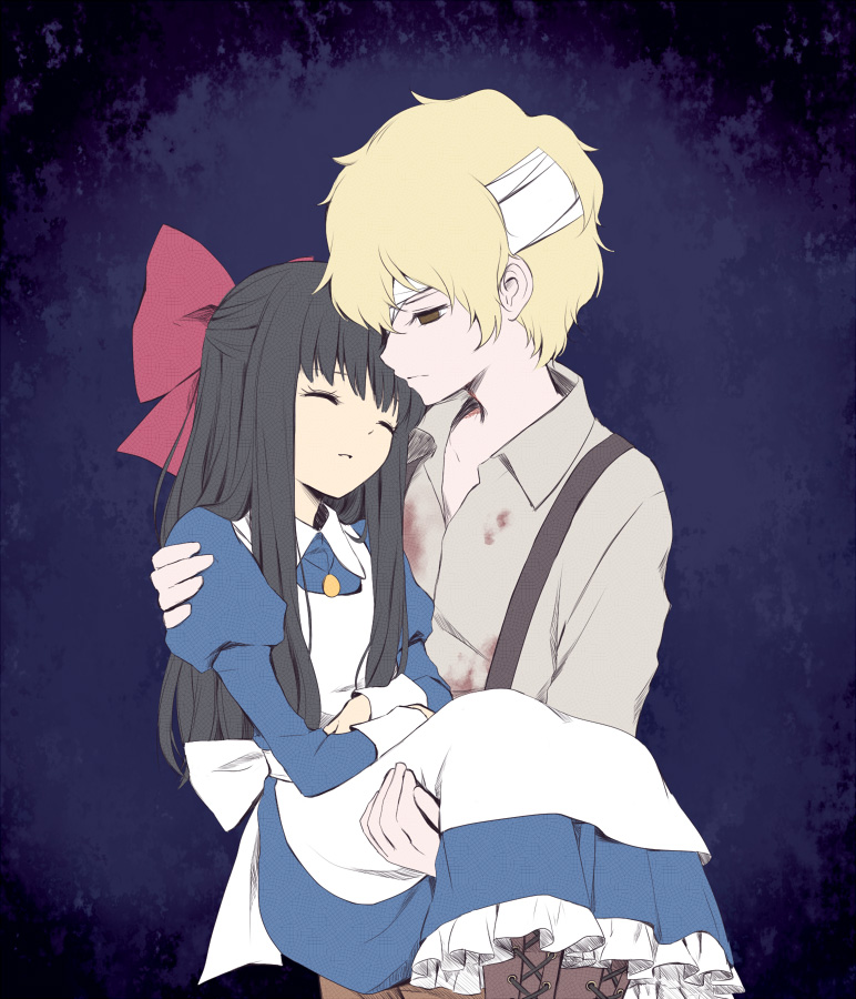 1boy, 1girl, apron, aya_drevis, bandages, bandages_over_eyes, black_hair, blonde_hair, blood, blood_on_clothes, boots, bow, brown_eyes, carrying, dio_(mad_father), dress, closed_eyes, jewelry, long_hair, mad_father, pendant, princess_carry, ribbon, seeen, shirt, short_hair, sleeping, suspenders
