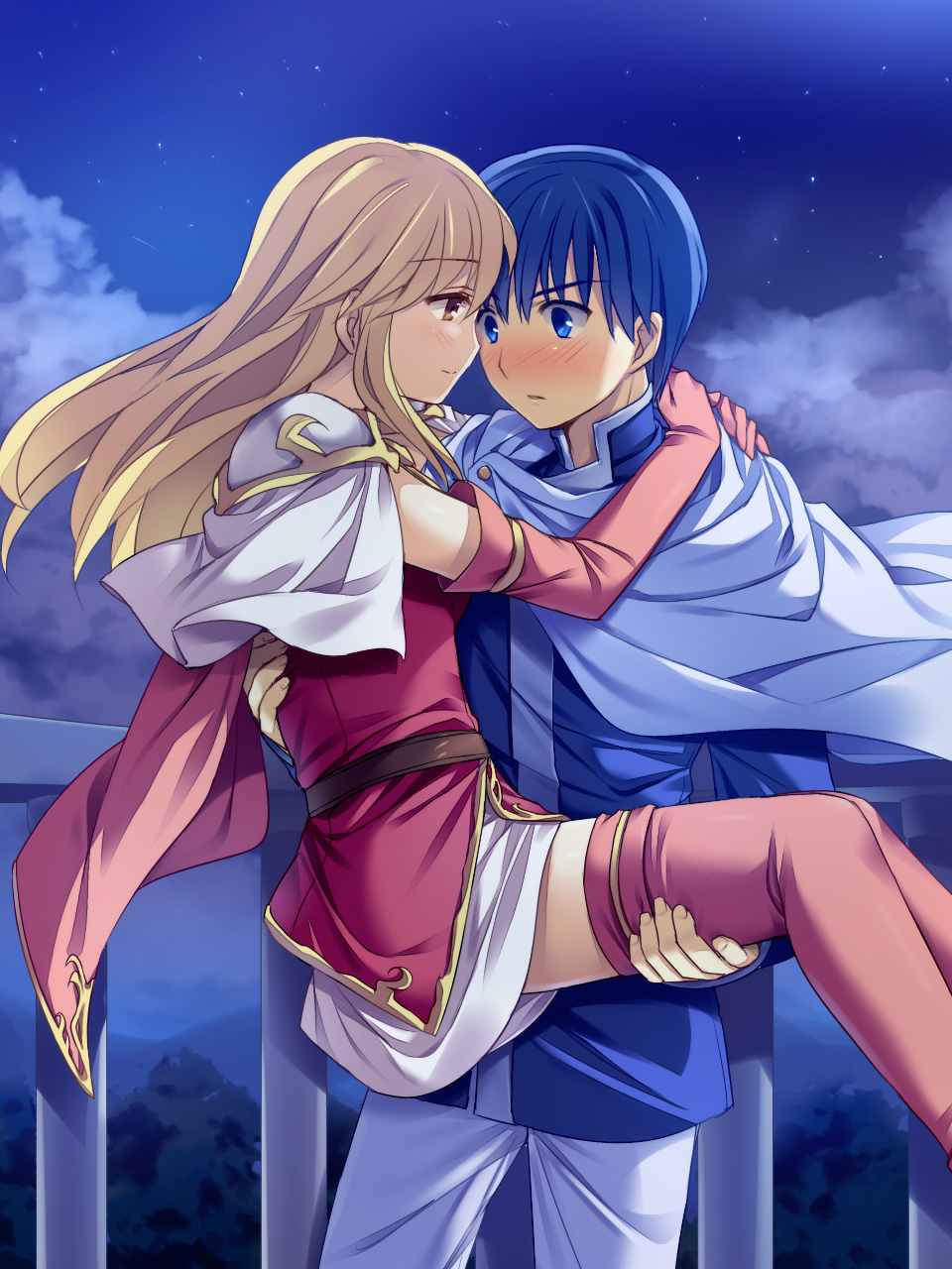 1boy, 1girl, armor, armored_dress, bad_id, bad_pixiv_id, blonde_hair, blue_eyes