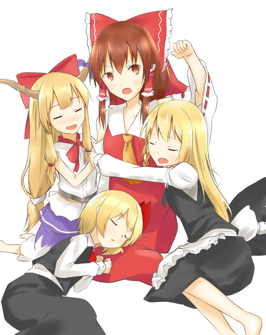 >:o, 4girls, :d, :o, ^_^, apron, blonde_hair, brown_hair, closed_eyes, detached_sleeves, hakurei_reimu, hat, highres, horns, hug, ibuki_suika, izumi_subaru, kirisame_marisa, long_hair, multiple_girls, open_mouth, ribbon-trimmed_sleeves, ribbon_trim, rumia, shirt, short_hair, skirt, sleeping, sleeping_on_person, smile, touhou, unworn_hat, unworn_headwear, v-shaped_eyebrows, vest