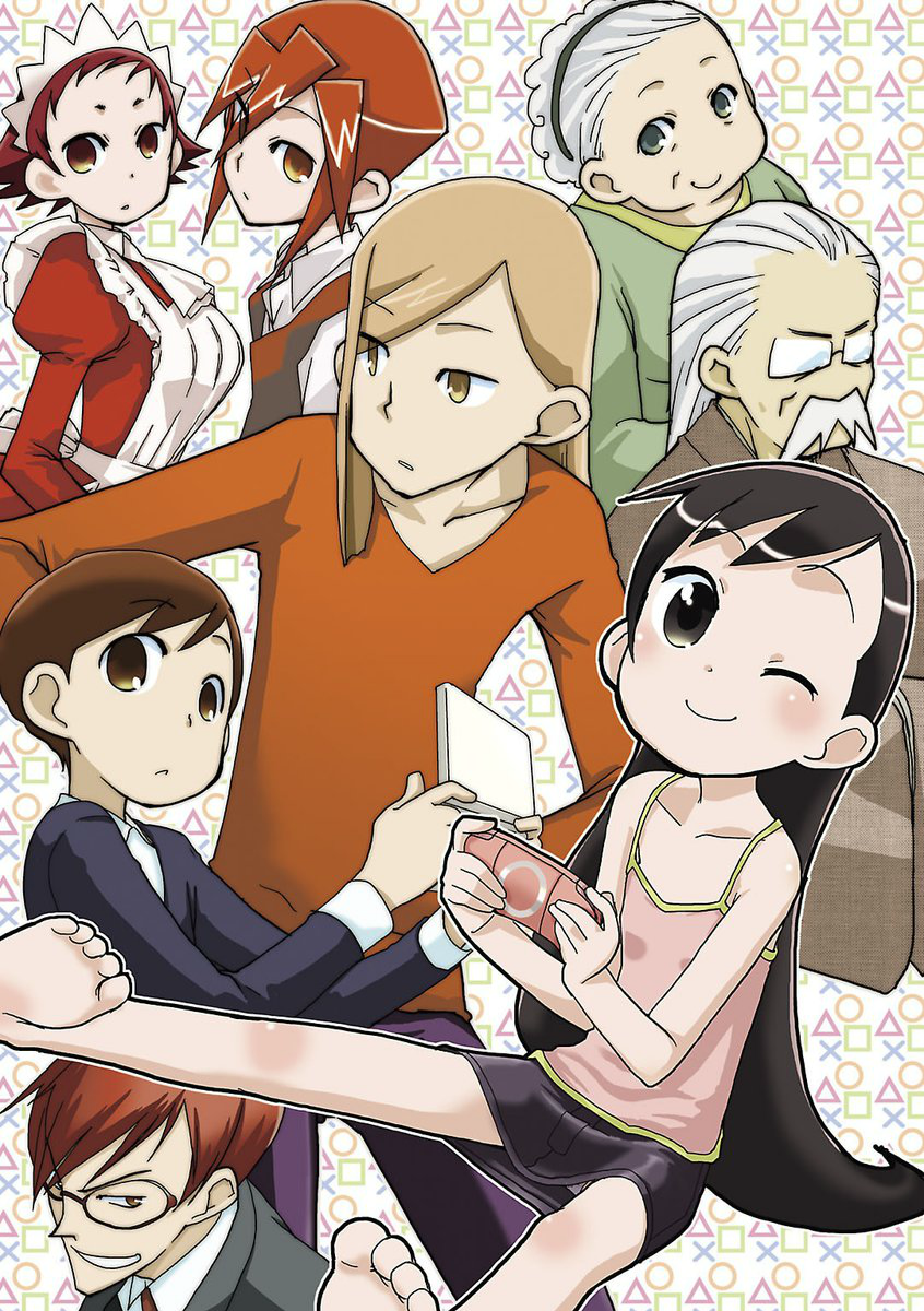 4boys, 4girls, apron, blonde_hair, brother_and_sister, brothers, brown_eyes, brown_hair, formal_clothes, glasses, grandfather_and_granddaughter, grandfather_and_grandson, grandmother_and_granddaughter, grandmother_and_grandson, grey_hair, handheld_game_console, highres, husband_and_wife, kazoku_game, long_hair, maid, maid_apron, maid_headdress, miyama_akane, multiple_boys, multiple_girls, necktie, nukumizu_yuzu, nyuui_hiroyoshi, official_art, playstation_vita, red_eyes, red_hair, short_hair, siblings, sisters, suit, suzushiro_seri, urano_kenkou, urano_kikue, urano_mai, urano_masataka, urano_yasutaka