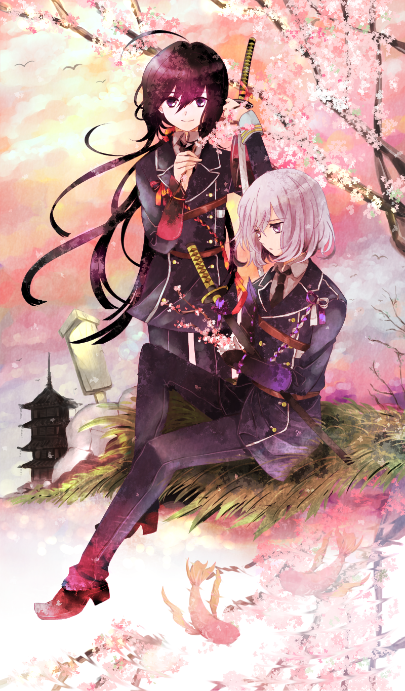10s, 2boys, ahoge, bad_id, bad_pixiv_id, black_hair, cherry_blossoms, fish, hakka-shin, highres, honebami_toushirou, katana, koi, male_focus, military, military_uniform, multiple_boys, namazuo_toushirou, necktie, ponytail, purple_eyes, sheath, sheathed, silver_hair, sitting, smile, sword, temple, touken_ranbu, tree, weapon