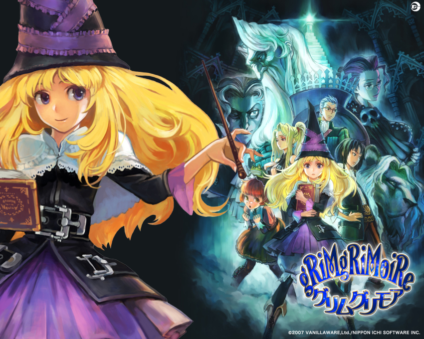 4boys, 4girls, advocat, amoretta_virgine, bartido_ballentyne, belt, black_dress, buckle, capelet, chartreuse_grande, copyright_name, cowboy_shot, dress, everyone, frills, full_body, gammel_dore, grimgrimoire, hat, hiram_menthe, holding, holding_weapon, kamitani_george, lillet_blan, long_sleeves, looking_at_viewer, margarita_surprise, multiple_boys, multiple_girls, opalneria_rain, orange_eyes, orange_hair, pointy_ears, polearm, purple_dress, short_hair, silver_hair, staff, standing, tate_eboshi, twintails, wand, weapon