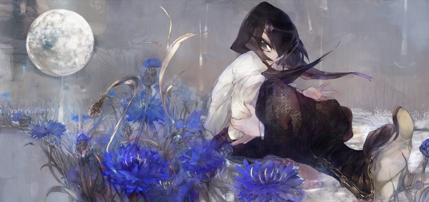androgynous, bad_id, bad_pixiv_id, black_eyes, black_hair, feet, flower, full_moon