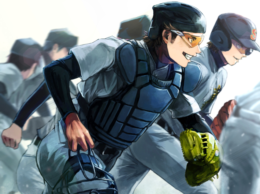 5boys, 8_(artist), ace_of_diamond, baseball_glove, baseball_helmet, baseball_uniform, brown_hair, helmet, male_focus, mask, unworn_mask, miyuki_kazuya, multiple_boys, running, smile, solo_focus, sportswear, sunglasses