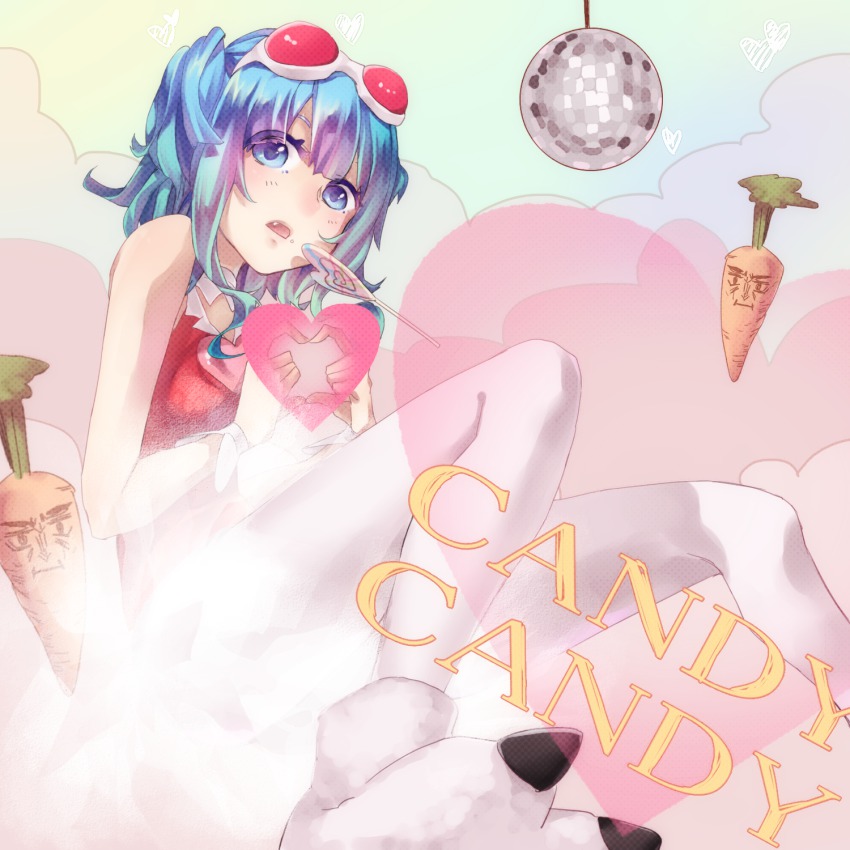 1girl, four-finger_heart_hands, akabino, blue_eyes, blue_hair, candy, candy_candy_(song), carrot