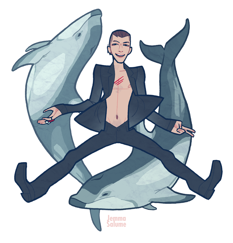 1boy, bigbang, black_hair, boots, dolphin, earrings, injury, jewelry