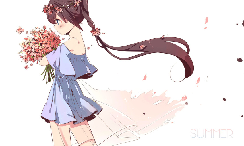 1girl, blue_dress, blue_eyes, bouquet, brown_hair, dress, female_focus, flower