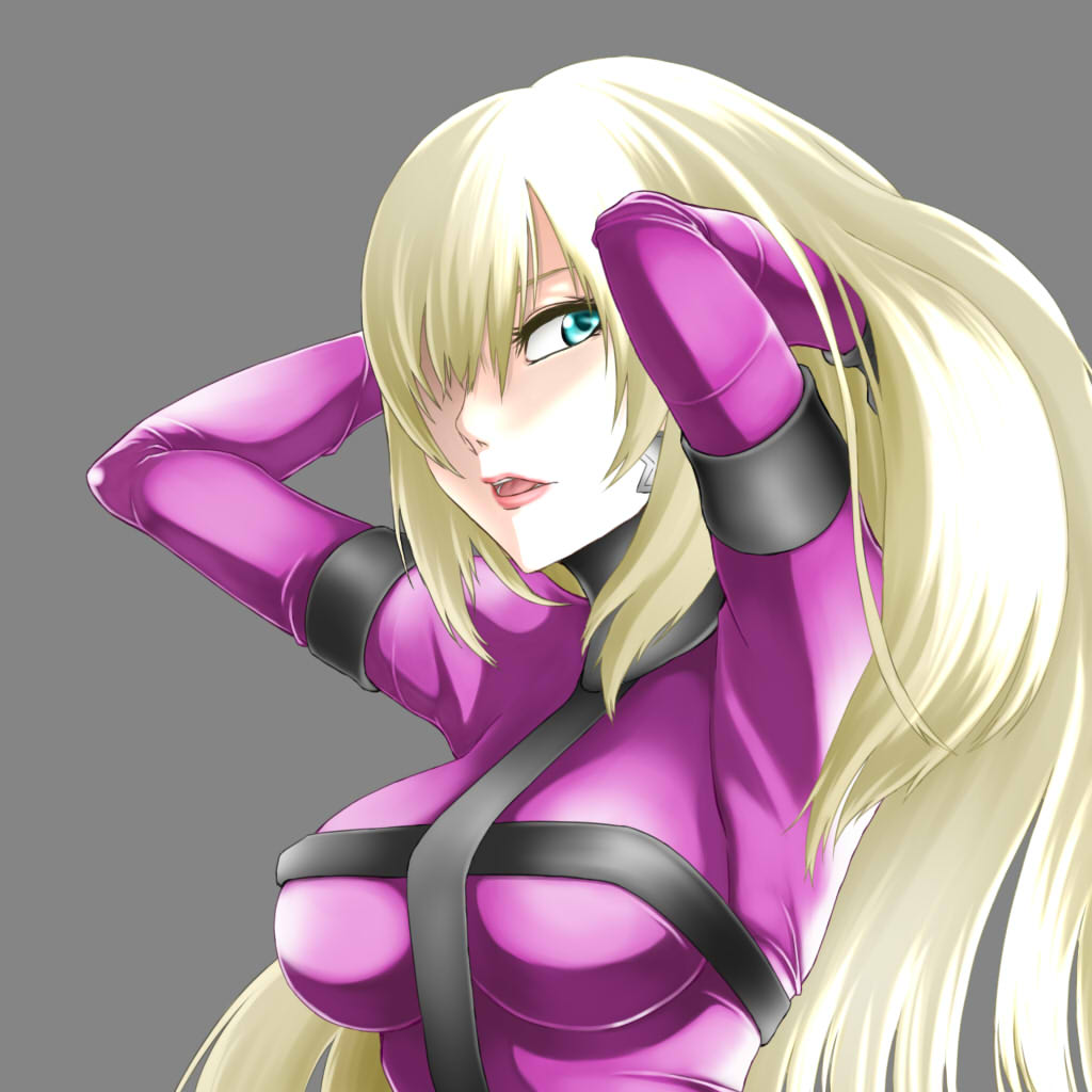 10s, 1girl, adjusting_hair, akx90000, arms_behind_head, blonde_hair, blue_eyes, bodysuit