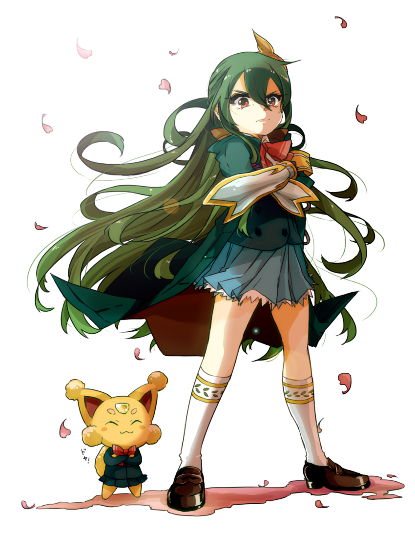 1girl, armband, athena_(p&amp;d), carbuncle_(p&amp;d), coat, crossed_arms, gauntlets, green_hair